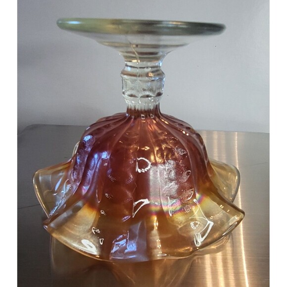 Dugan Marigold Amber & Clear Iridescent Carnival Glass Compote Ruffled Edge - Picture 4 of 4